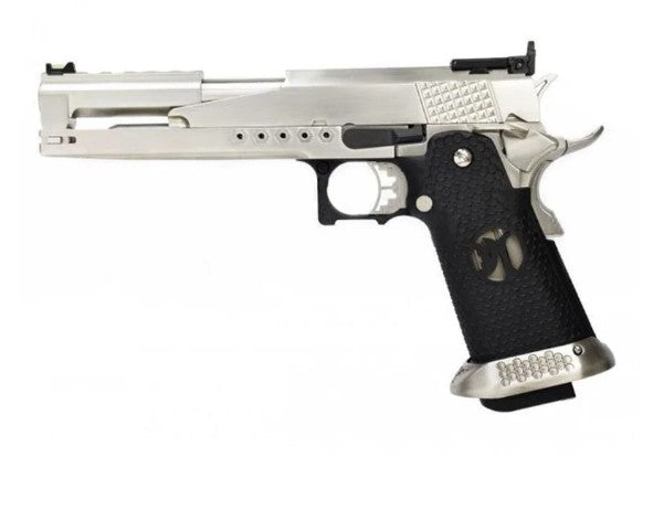 Armorer Works Custom ‘Race Guns’ Hi-Capa GBBP (Dragon Silver Slide – Black Grips – AW-HX2201)