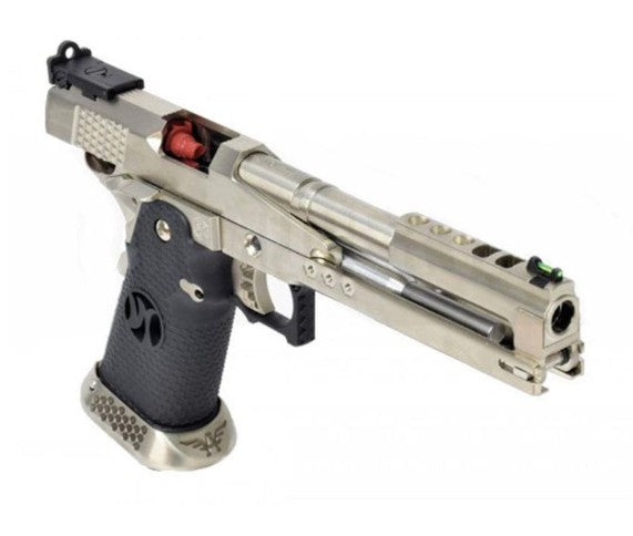 Armorer Works Custom ‘Race Guns’ Hi-Capa GBBP (Dragon Silver Slide – Black Grips – AW-HX2201)