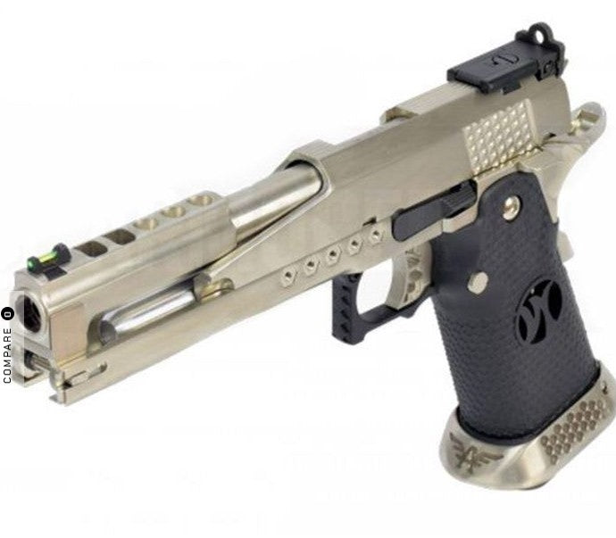 Armorer Works Custom ‘Race Guns’ Hi-Capa GBBP (Dragon Silver Slide – Black Grips – AW-HX2201)