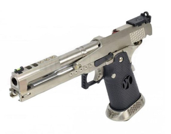 Armorer Works Custom ‘Race Guns’ Hi-Capa GBBP (Dragon Silver Slide – Black Grips – AW-HX2201)